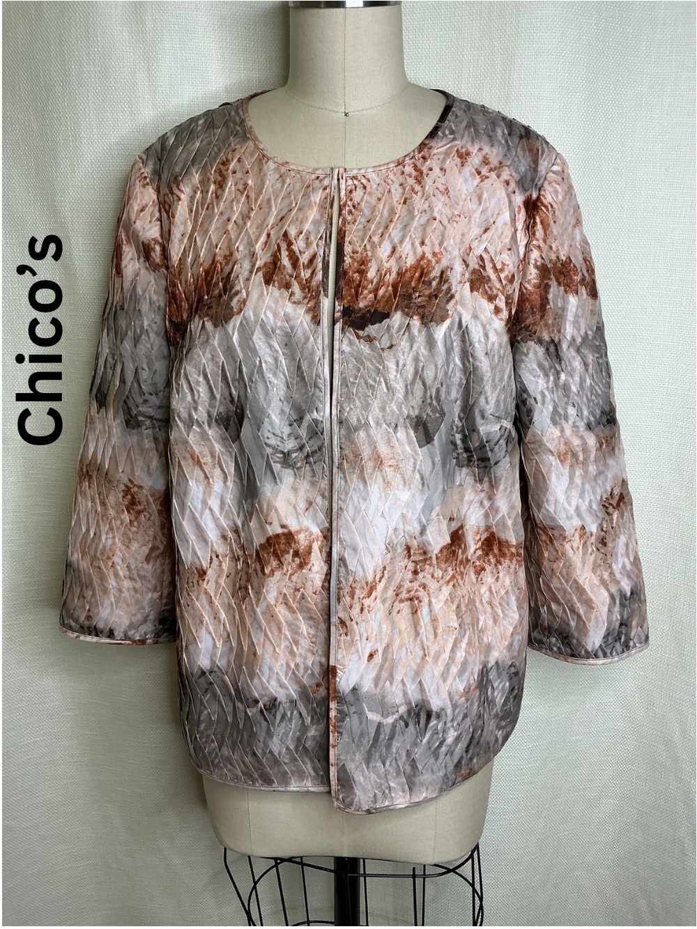 Chico’s Travelers Jacket Size 1 Neutral Print Lightweight 3/4 Sleeve